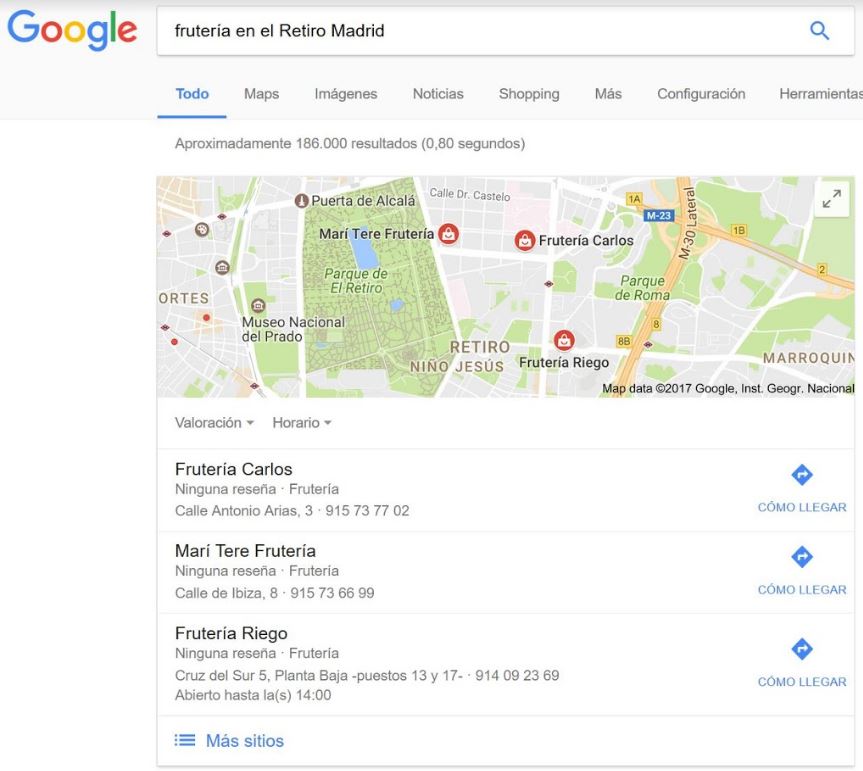 Resultados de Maps en Google