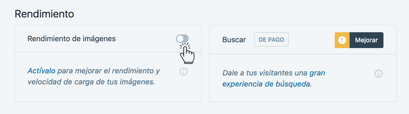 Imagen de la sección del plugin jetpack para activar el botón &quot;rendimiento de imágenes&quot;