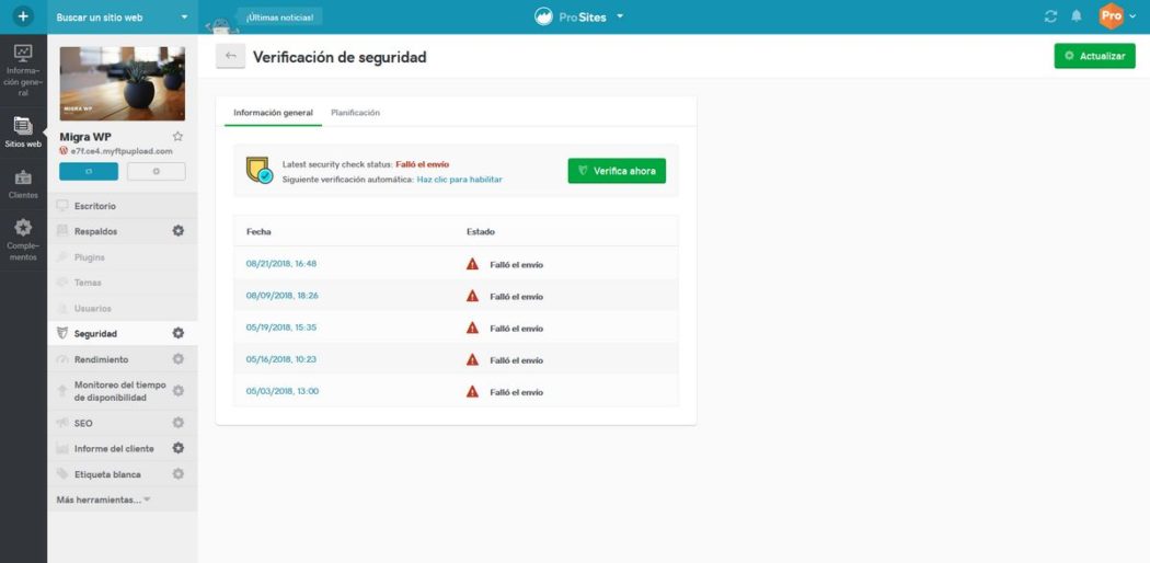 Imagen de &quot;Seguridad&quot; donde vemos los errores que se pueden producir al analizar una web en Pro Sites