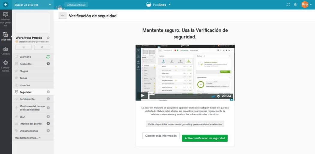 Imagen de la sección &quot;Seguridad&quot; en Pro Sites