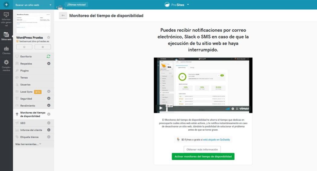 Imagen de &quot;Uptime&quot; donde podemos activar el servicio en Pro Sites