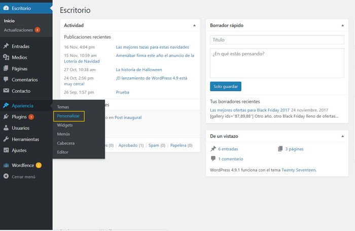 Menú de personalizar apariencia en WordPress
