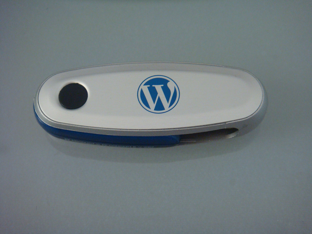 Imagen de un pincho USB con el logo de WordPress