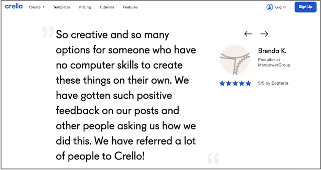 Crello Customer Testimonial on Their Website