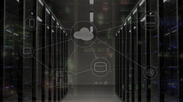 Diagram over a picture of computing servers]