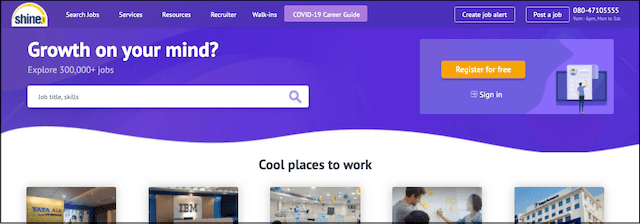 Shine job search website home page