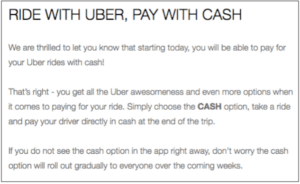 Uber Announcement That it Now Accepts Cash