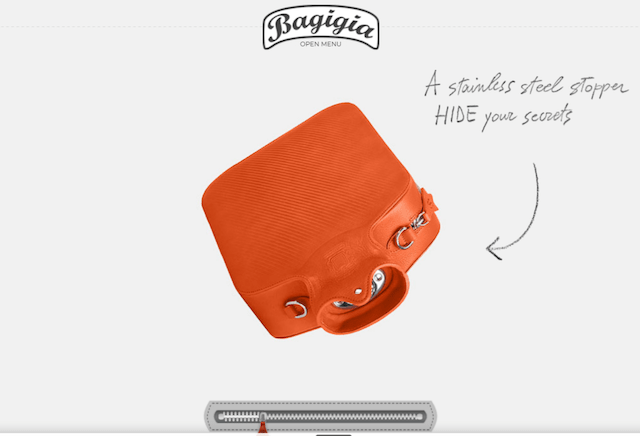 Bagigia website displaying a bright orange bag