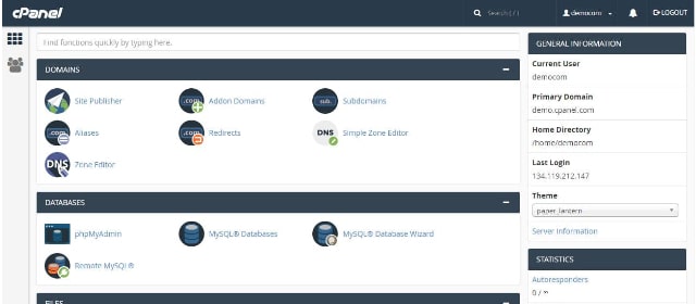 Example cPanel dashboard