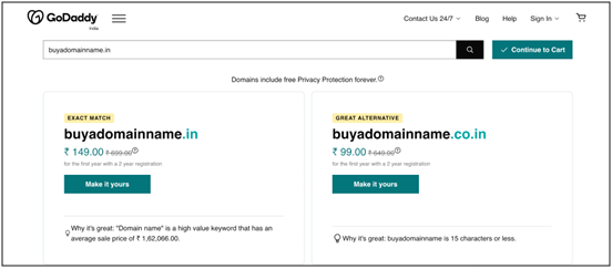 GoDaddy domain search page showing