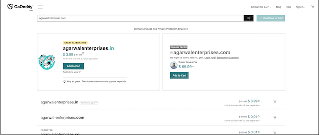 GoDaddy domain search results example