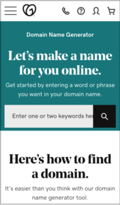 GoDaddy .in domain name generator mobile view