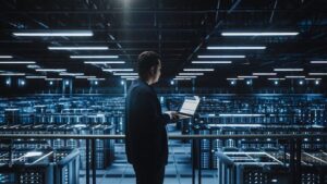 Man with laptop standing in data centre