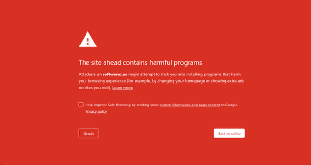 Red warning message displayed by Google