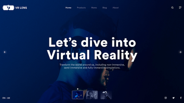 VR Lens website with the words “Let’s dive into virtual reality”