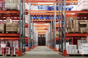 Warehouse with racks filled with boxes