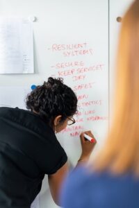 Woman writing a list on a white board