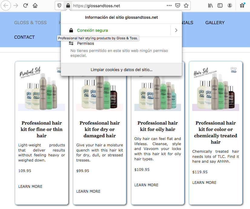 Ejemplo de sitio con certificado SSL: Gloss&amp;Toss