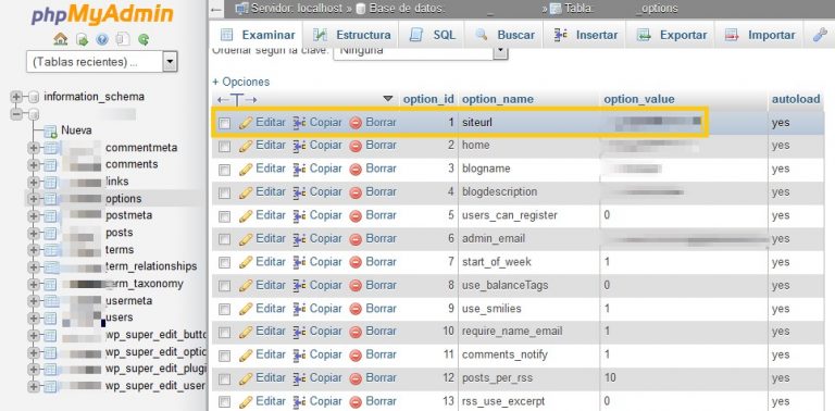 Editar nombre de dominio en “siteurl” desde phpMyAdmin