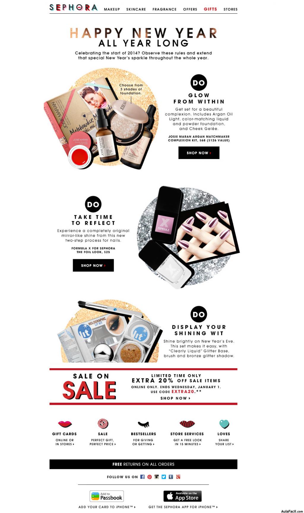 Campaña de email marketing de Sephora para año nuevo