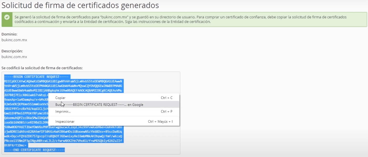 Genera certificado SSL y firma de certificado via cPanel