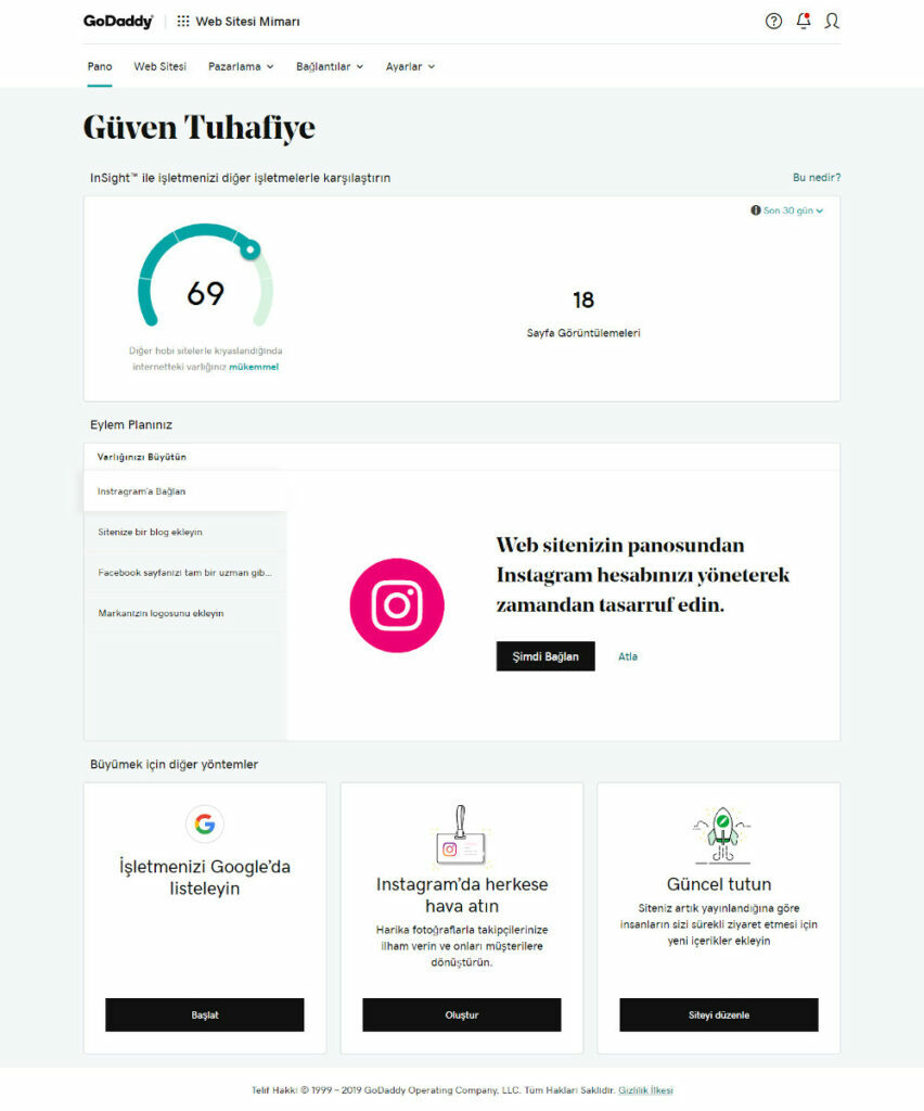 GoDaddy Web Siteleri Pazarlama Araçları müşterisi güven tuhafiye GoDaddy insight ekranı