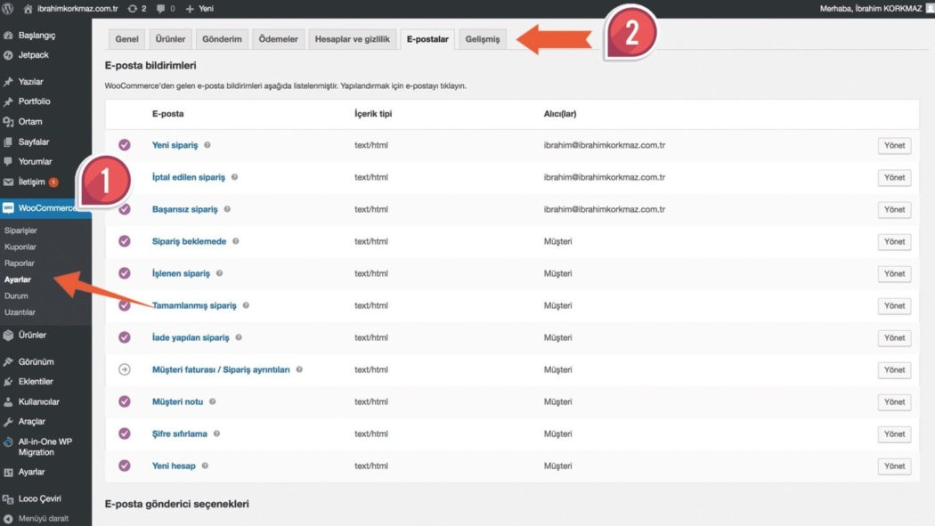 Woocommerce e posta ayarları