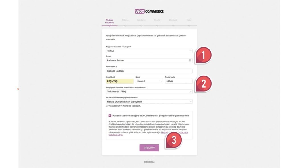 Woocommerce kurulum sihirbazı