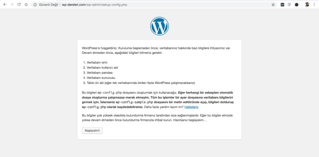 wordpress kurulumu başlangıç ekranı