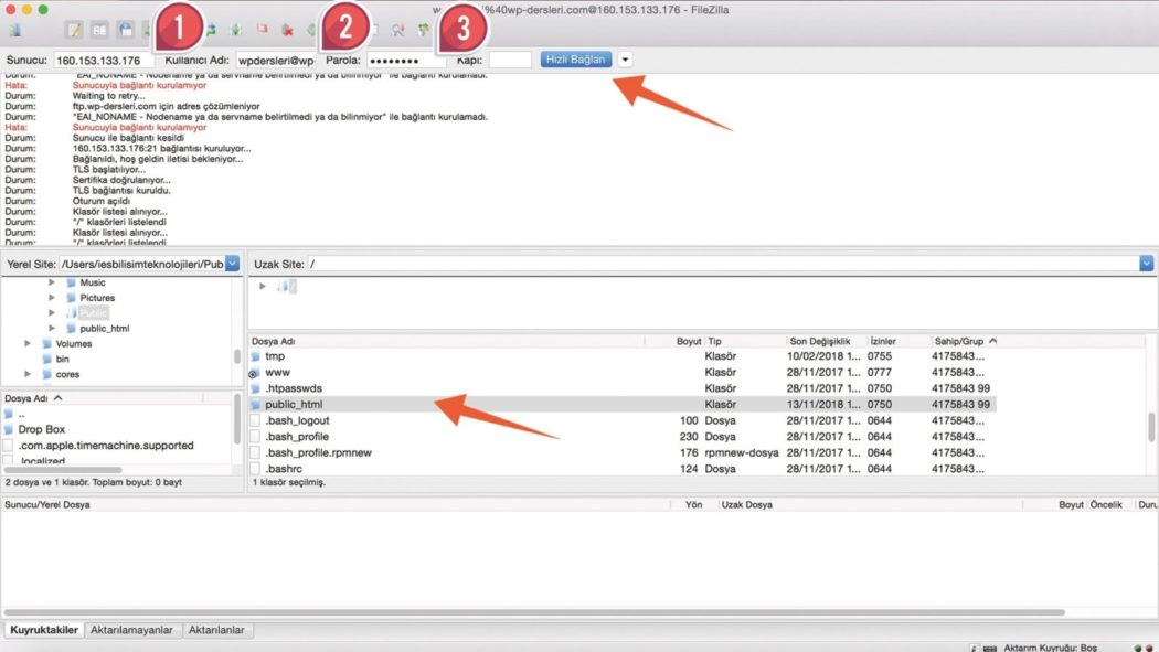 wordpress kurulumu filezilla