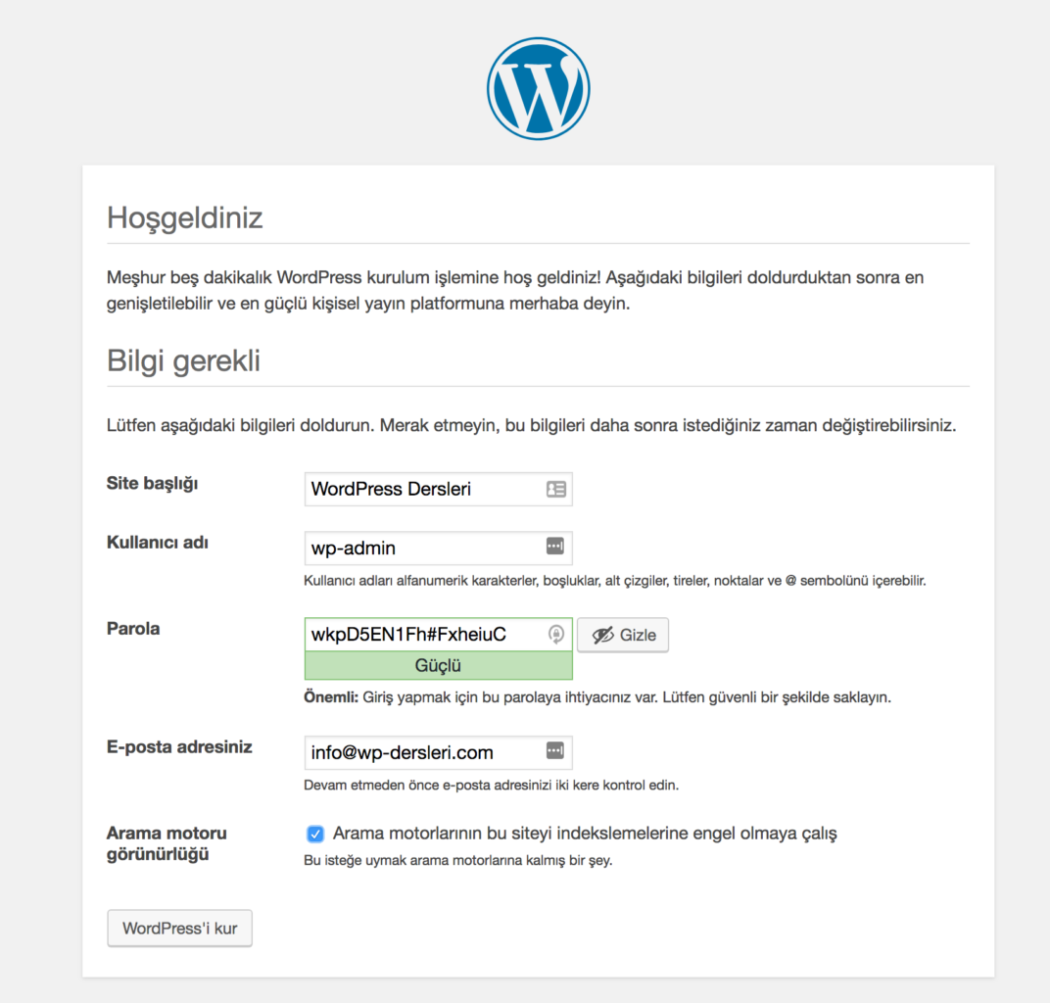 wordpress kurulumu giriş bilgileri