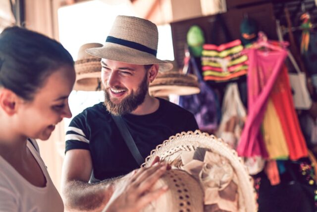 Couple shopping at an outdoor booth