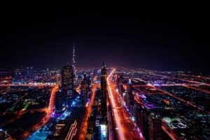 Aerial view of Dubai at night