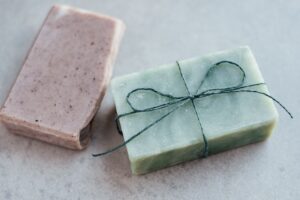 Close-up of two bars of handmade soap