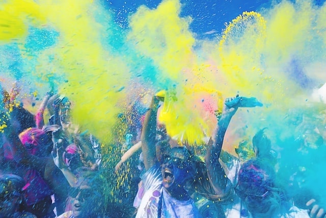 Colourful crowd scene of Holi in India