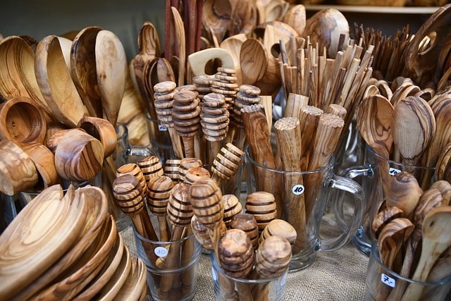 Display of handmade wooden cooking utensils