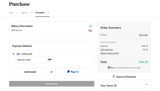 The checkout screen for buying a domain name with GoDaddy