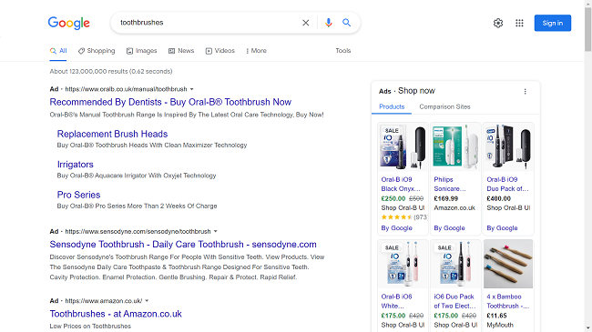 An example of Google Ads for toothbrushes