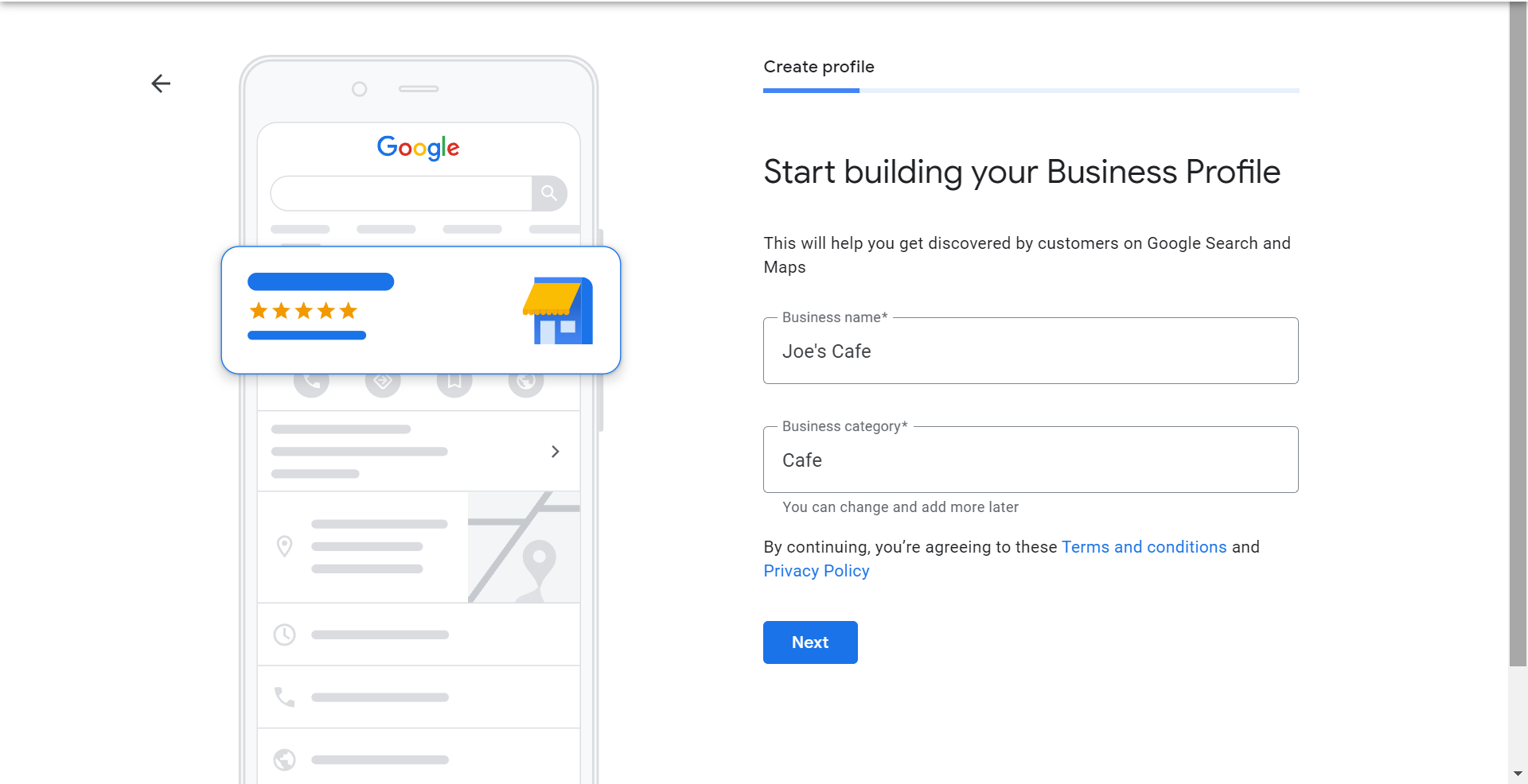 Adding a business name and type to Google My Business