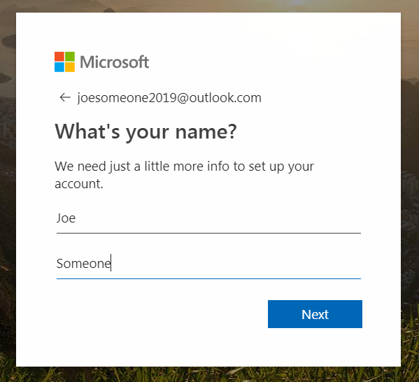 Entering name for free email account