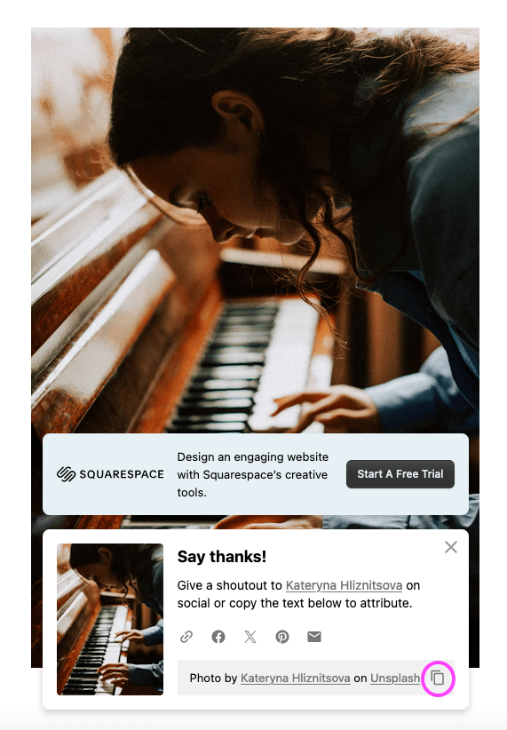 Sample Unsplash photo attribution screen