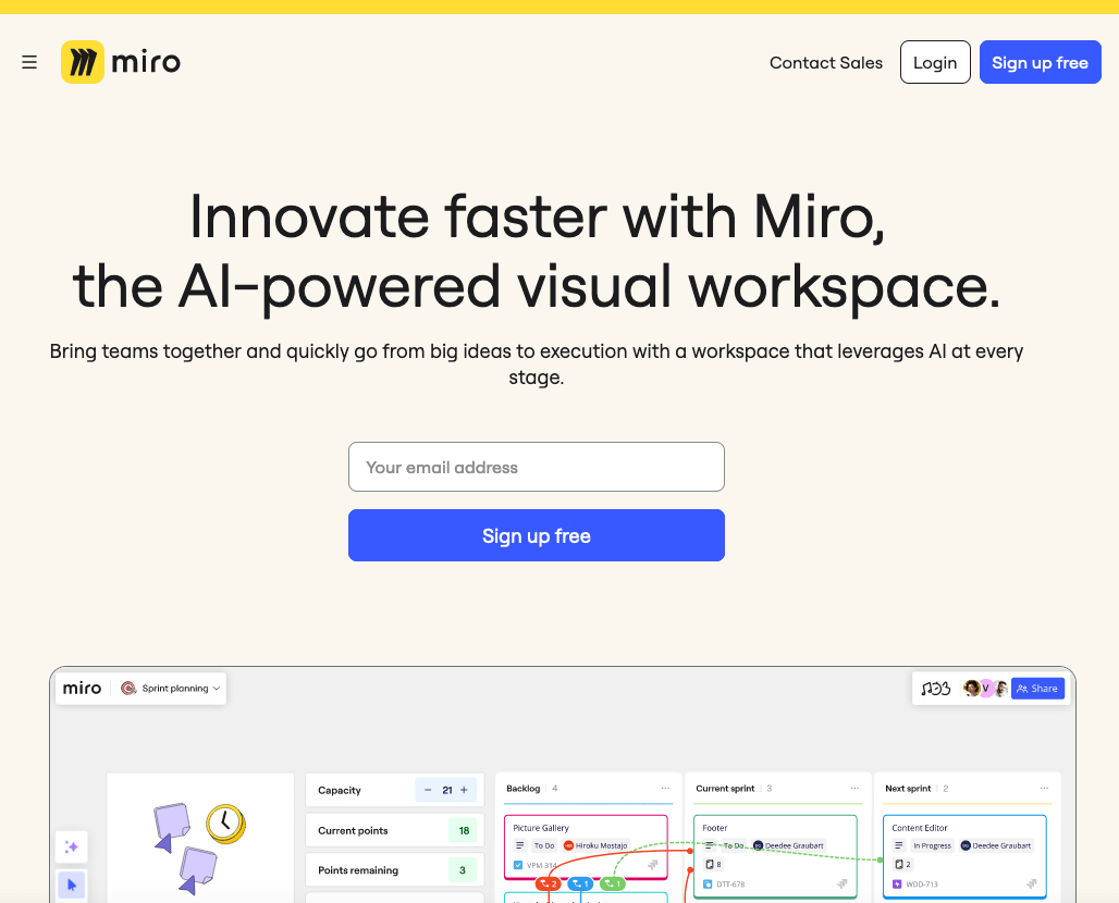 Example of best landing pages from Miro