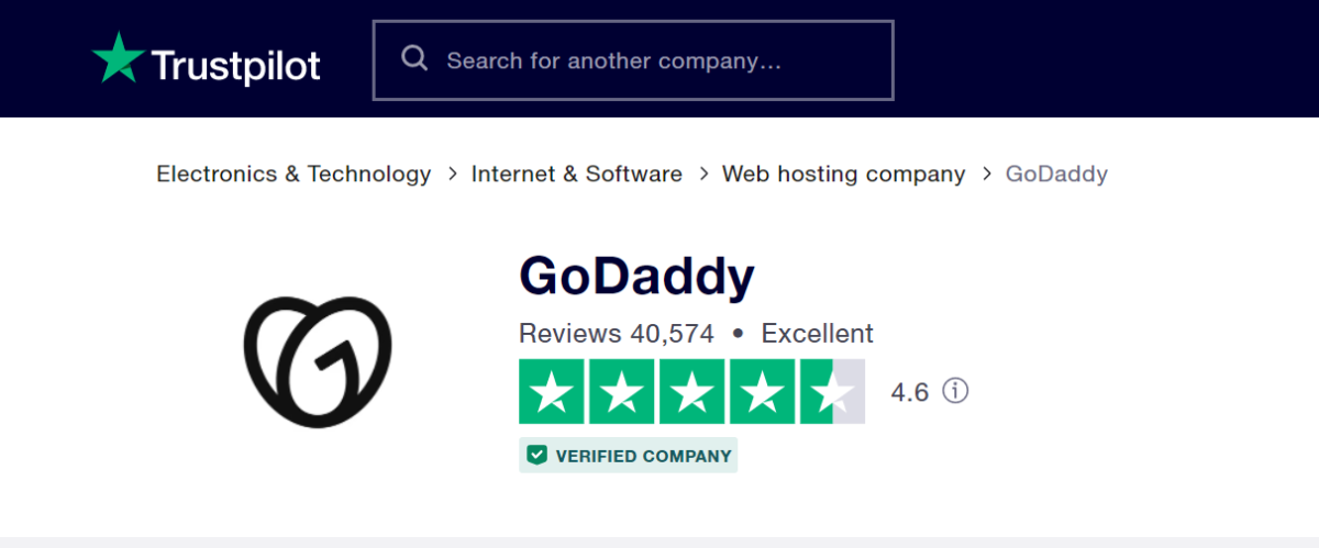 Image showing GoDaddy's trustpilot score of 4.6