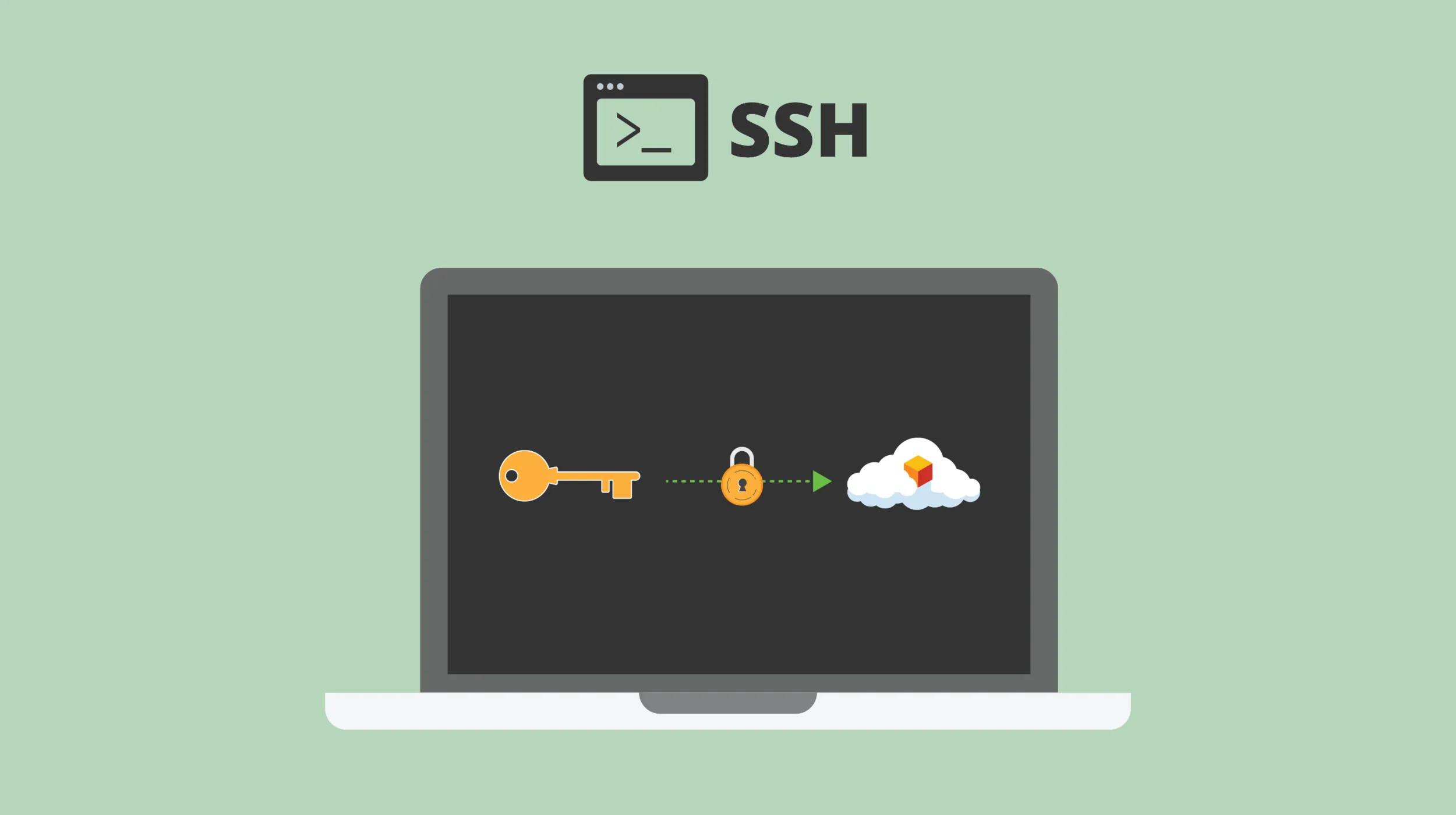 A minimalist illustration representing SSH (Secure Shell) access, featuring a laptop screen displaying an encrypted connection with a key, lock, and cloud icon. The image symbolizes secure remote server access and authentication.