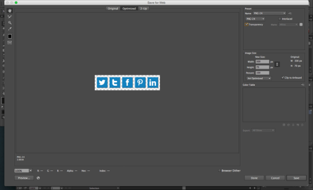 Screenshot of social media icon export on Adobe Illustrator