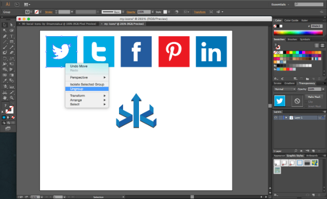 Ungroup on Adobe Illustrator social media icons