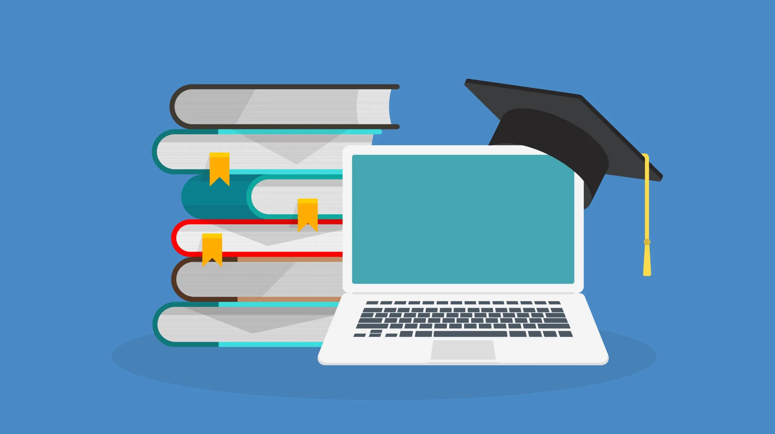 An illustration featuring a stack of books with colorful covers and yellow bookmarks on the left. To the right, an open laptop with a blank screen is displayed. A graduation cap with a yellow tassel rests on top of the laptop.