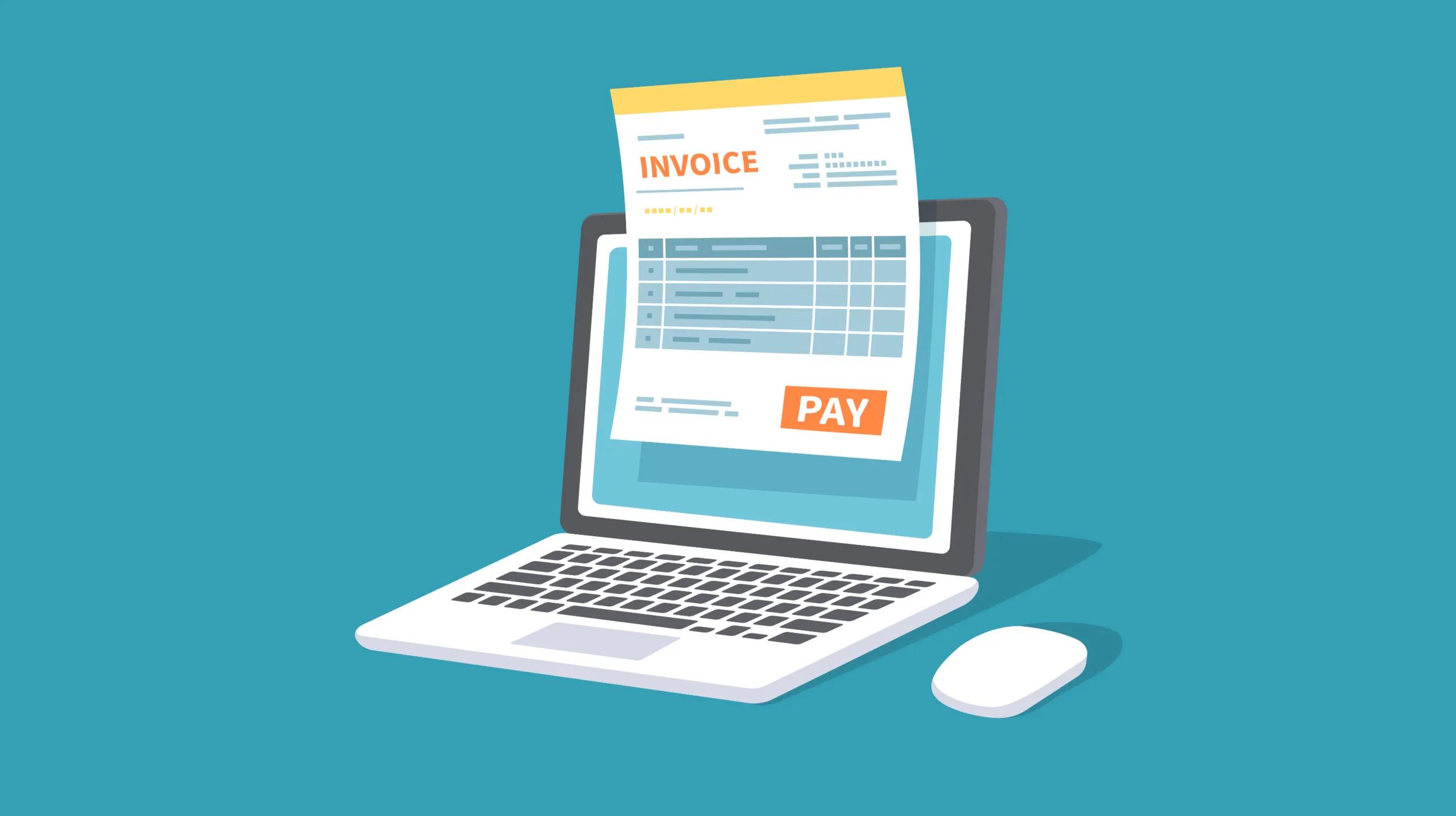 The image is a digital illustration of a laptop with an invoice emerging from its screen, displaying the word "INVOICE" in red and a "PAY" button in orange. A white computer mouse is placed beside the laptop, all set against a solid teal background in a clean, vector-based style