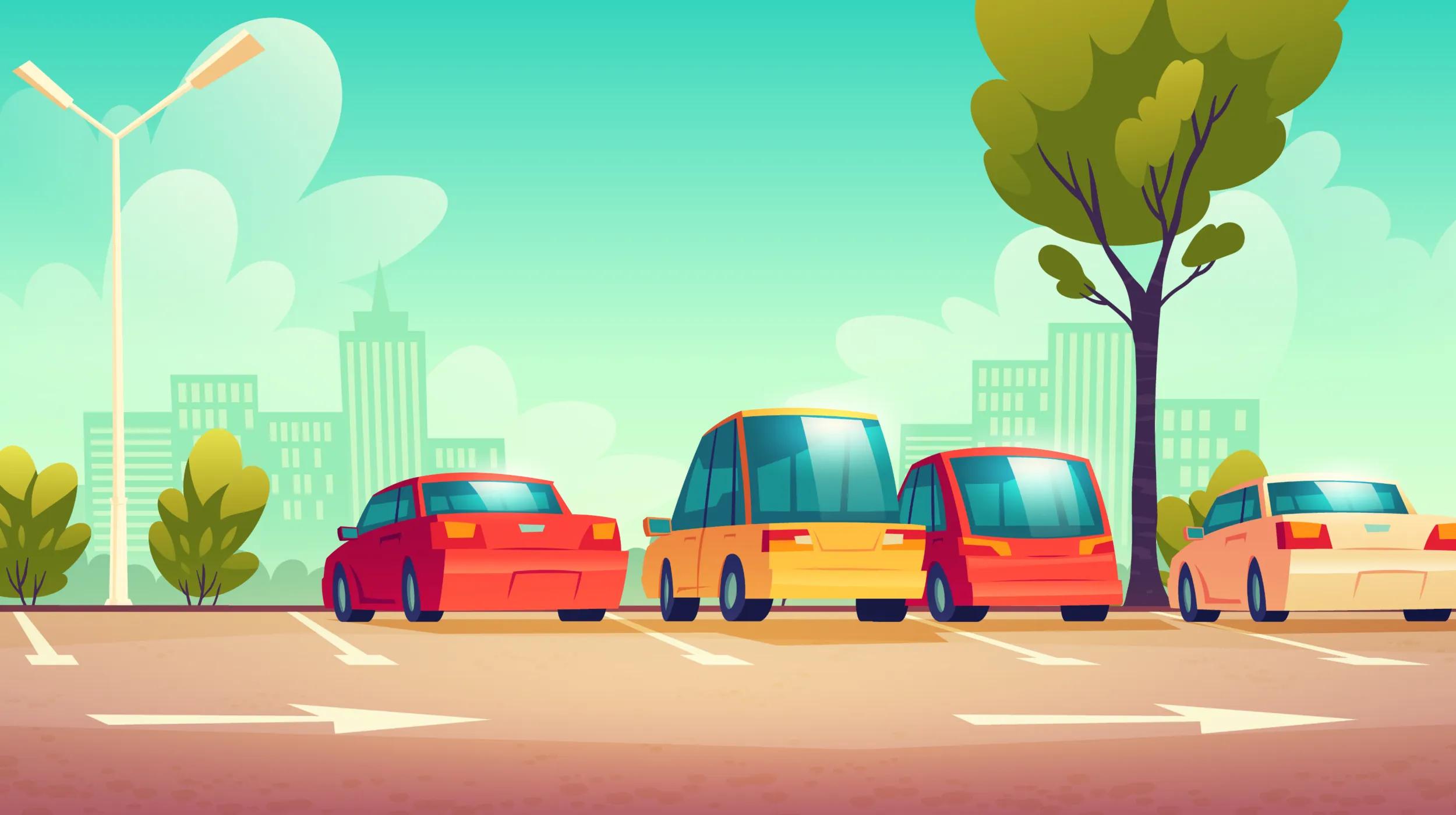 Illustration of a city parking lot with several cars parked in spaces. The scene features a few trees and buildings in the background, under a clear blue sky with scattered clouds.