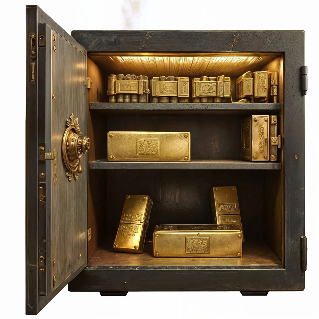 An Open Safe Reveals Cash and Gold